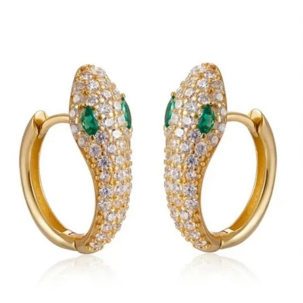 🐍Serpent Snake Hoop Stacking 925 Sterling Silver Yellow Gold Green Zircon Pave - Picture 1 of 16